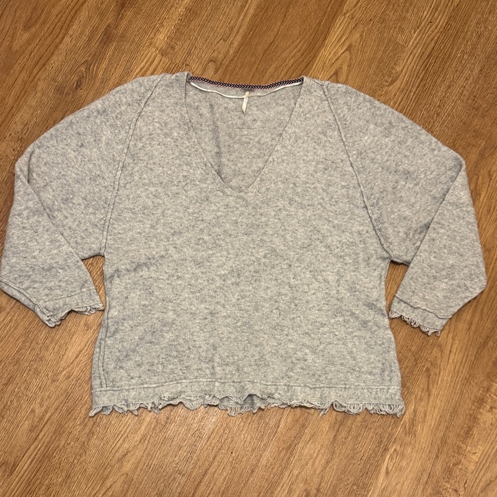 Free People Small Gray Irresistible Wool Blend Fringe Oversized Pullover Sweater